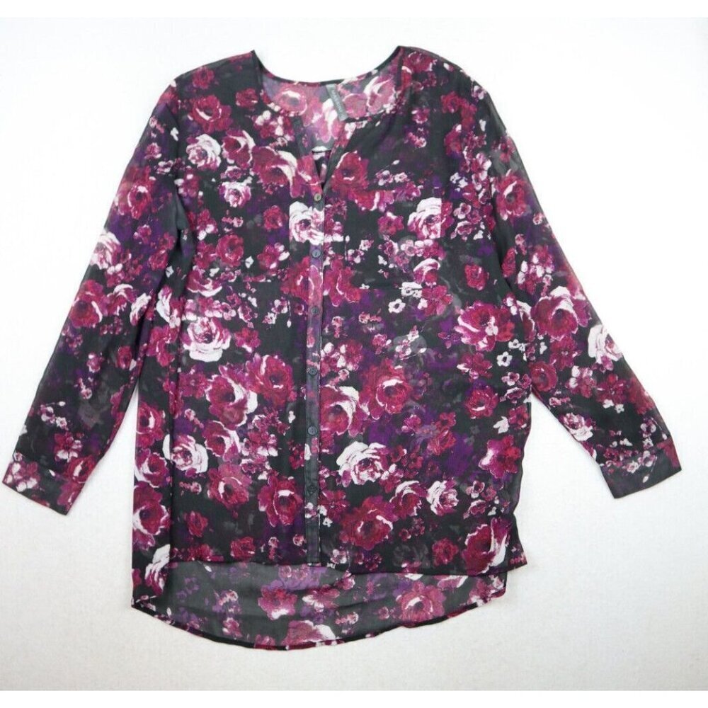 MASSINI - WOMEN'S BLACK & PURPLE SHEER PRINT LONG SLEEVE TUNIC TOP - SIZE L